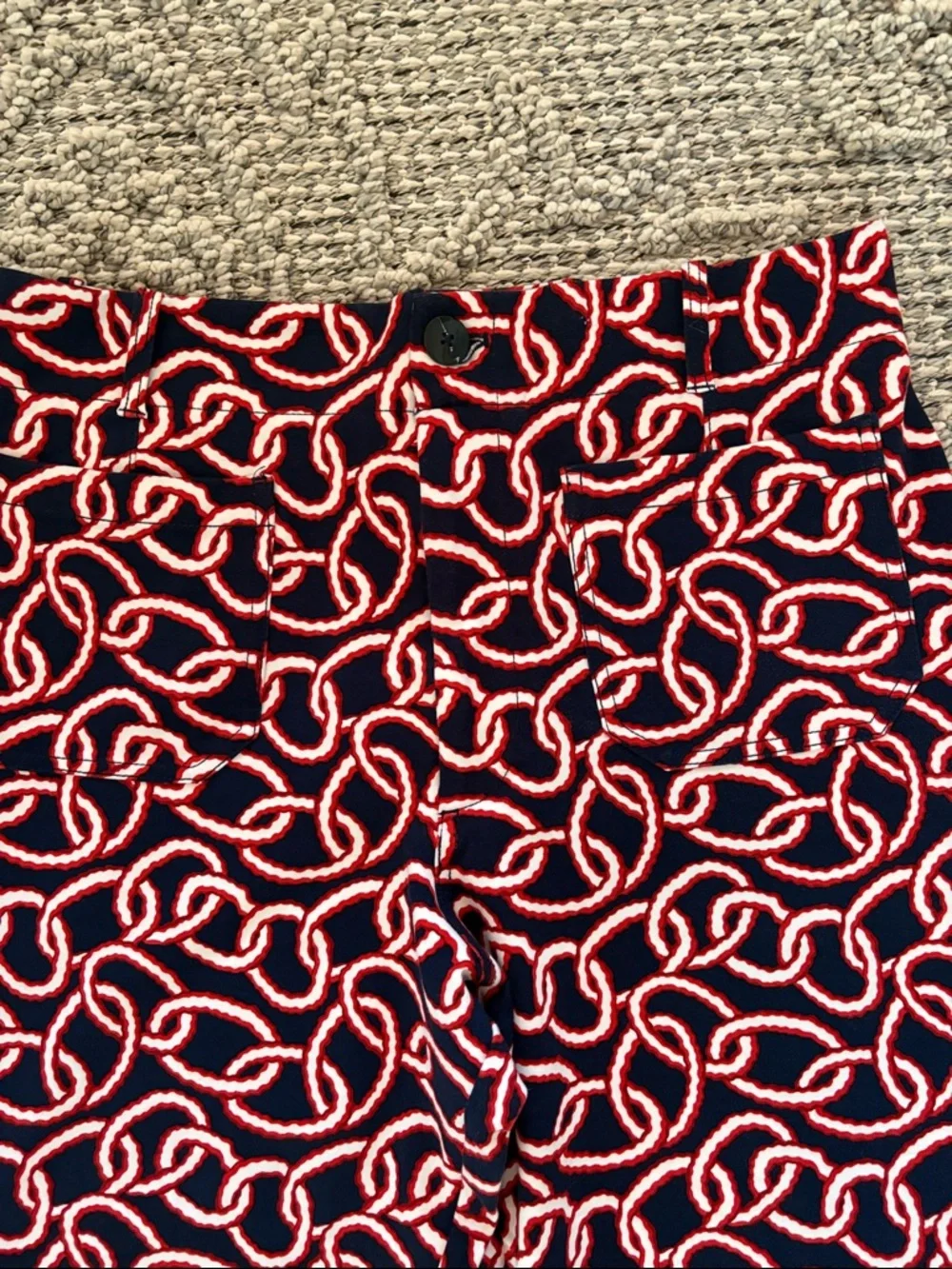 Anthropologie Maeve Navy, Red & White Chain-Print Pants Cropped Size 34 - Picture 4 of 10